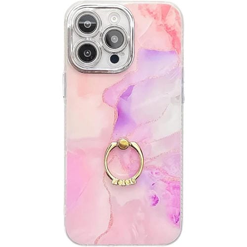 Funda para Teléfono iPhone 15 Pro con Soporte de Anillo Textura Mårmol Galvanizado (Rosa, Morado)