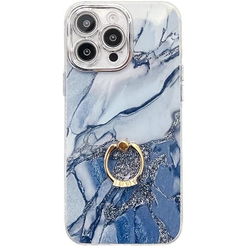 Funda para Teléfono iPhone 15 Pro Soporte de Anillo Textura Mårmol Galvanizado (Azul Marino)