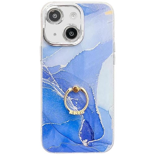 Funda para Teléfono iPhone 15 Soporte de Anillo Textura Mármol Galvanizado (Azul Oscuro)