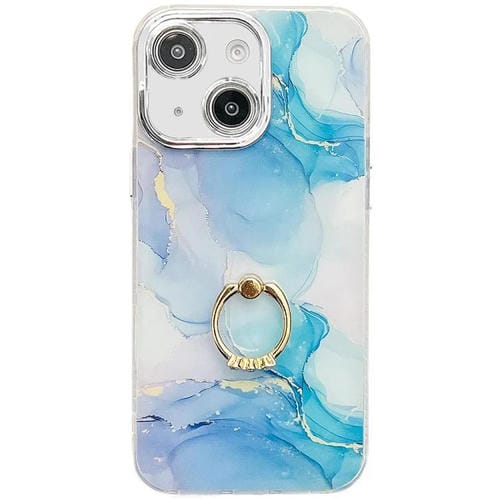 Funda para Teléfono iPhone 14 Soporte de Anillo Textura Mårmol Galvanizado (Azul y Verde)