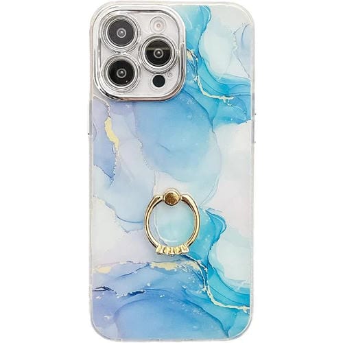 Funda para Teléfono iPhone 14 Pro Soporte de Anillo Textura Mårmol Galvanizado (Azul Verde)