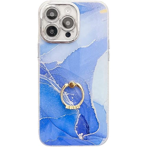 Funda para Teléfono iPhone 14 Pro con Soporte de Anillo y Textura Mårmol Galvanizado (Azul Oscuro)