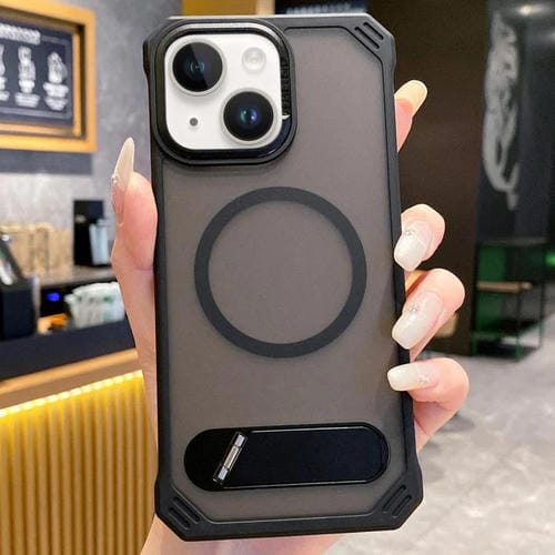 Funda para Teléfono PC Magsafe sin Marco con Tacto de Piel y Soporte Plegable para iPhone 15 (Negro)