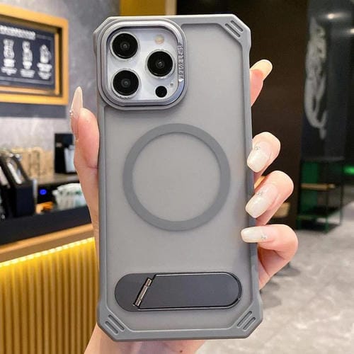 Funda para Teléfono PC Magsafe sin Marco con Tacto de Piel y Soporte Plegable para iPhone 15 Pro (Gris)