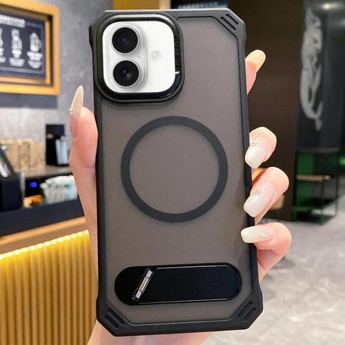 Funda para Teléfono PC Magsafe sin Marco Tacto de Piel Soporte Plegable para iPhone 16 (Negro)