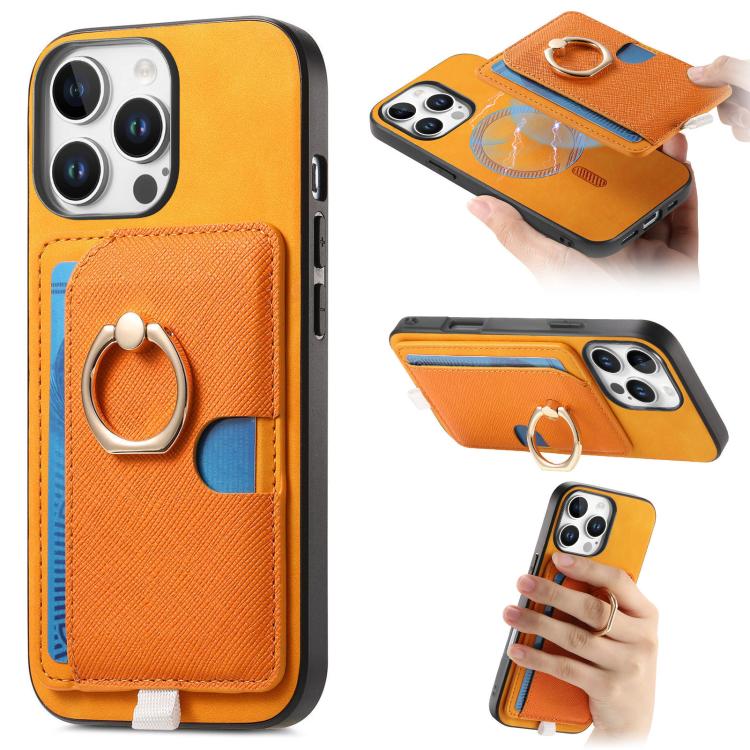 Funda para iPhone 16 Pro Max con Ranuras para Tarjetas Diseño Retro Cruz Anillo Lateral (Amarillo)