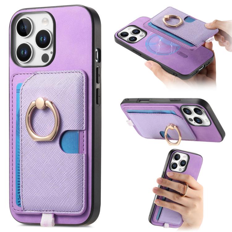 Funda para iPhone 16 Pro Max Ranuras para Tarjetas Diseño Retro Cruz Anillo Lateral (Morado)
