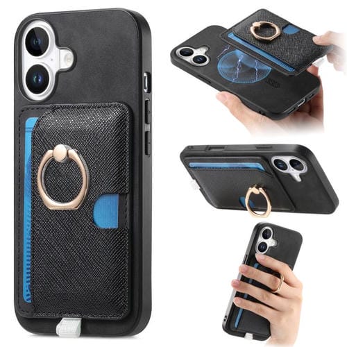 Funda para iPhone 16 Cuero con Ranuras para Tarjetas y Anillo Diseño Retro (Negro)