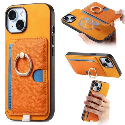 Funda para iPhone 15 Plus Ranuras Tarjetas Anillo Cuero Diseño Retro (Amarillo)