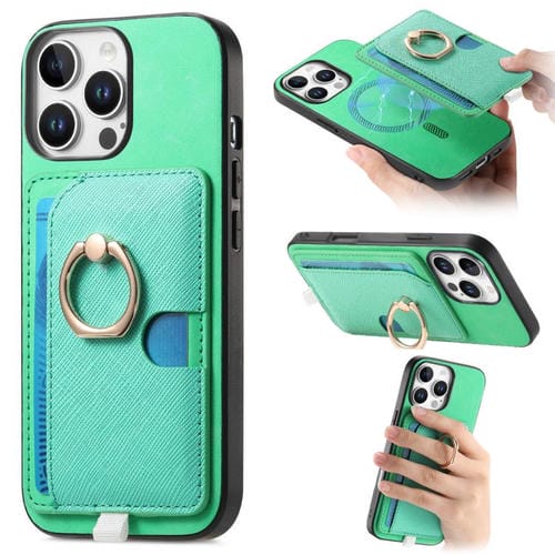 Funda para Teléfono Magsafe con Anillo de Cuero Cruz Retro para iPhone 14 Plus (Verde)