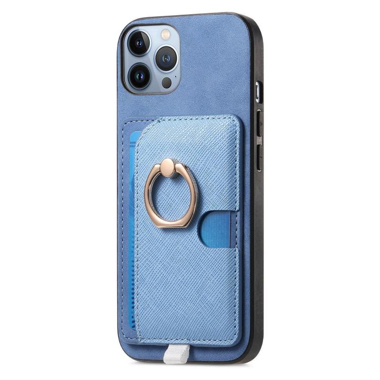 Funda para Teléfono iPhone 12 Pro Max Ranuras Tarjetas Anillo Cuero Diseño Retro (Azul)