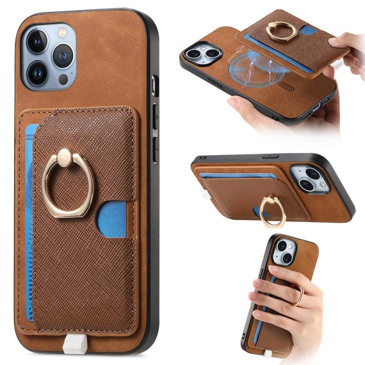 Funda para Teléfono Magsafe con Anillo de Cuero Cruz Retro para iPhone 12 Pro Max (Marrón)