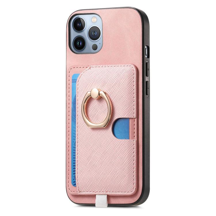 Funda para iPhone 11 Pro Max con Ranuras para Tarjetas Diseño Retro Cruz y Anillo Lateral (Rosa)