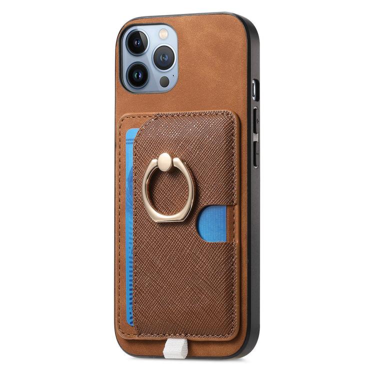 Funda para iPhone 11 Pro Max con Ranuras para Tarjetas Diseño Retro Cruz Anillo Lateral (Marrón)