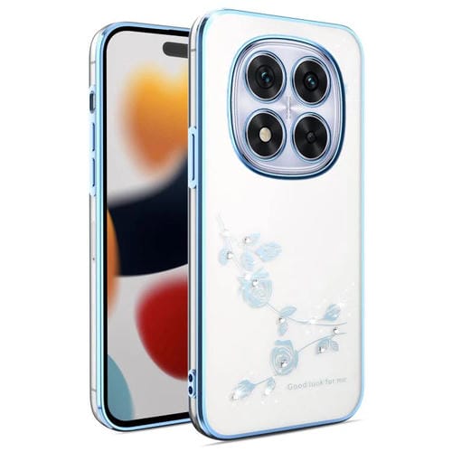 Funda para Teléfono con Todo Incluido y Diseño de Flores y Diamantes Brillantes para Xiaomi Redmi Note 14 Pro 5G (Azul)