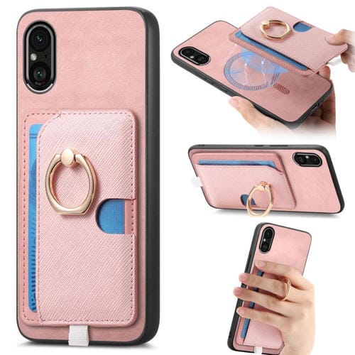 Estuche para Teléfono Sony Xperia 5 V con Ranuras para Tarjetas y Diseño Retro de Cruz de Cuero (Rosa)