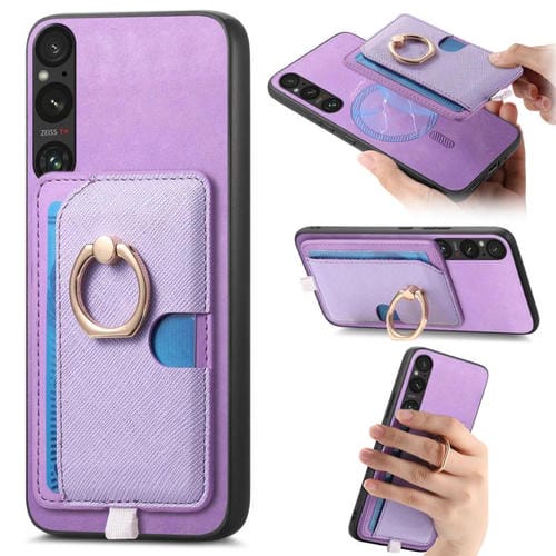 Estuche para Teléfono Sony Xperia 1 V con Ranuras para Tarjetas y Anillo Lateral (Morado)