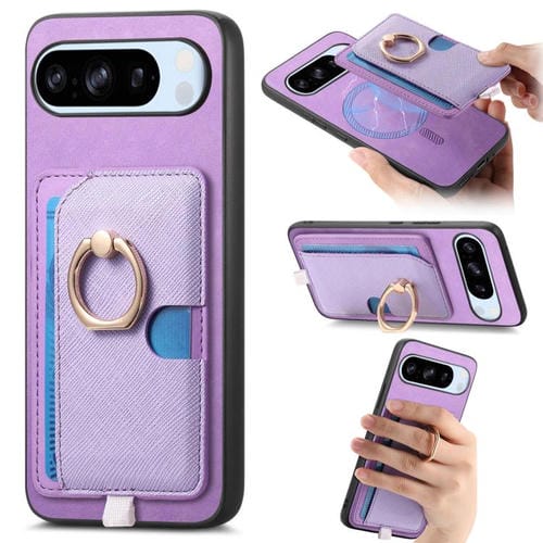 Funda para Teléfono Google Pixel 8 Pro con Ranuras para Tarjetas y Anillo de Cuero (Morado)