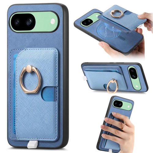 Estuche para Teléfono Google Pixel 7A con Ranuras para Tarjetas y Anillo Lateral (Azul)
