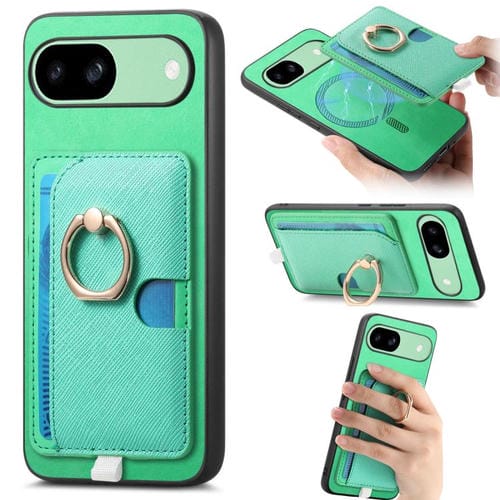 Funda para Google Pixel 7A Magsafe con Ranuras para Tarjetas, Diseño Retro Cruz y Anillo Lateral (Verde)