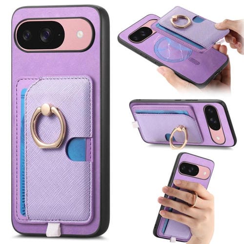 Funda para Teléfono Google Pixel 9/9 Pro con Ranuras para Tarjetas, Diseño Retro Cruz de Cuero y Anillo Lateral (Morado)