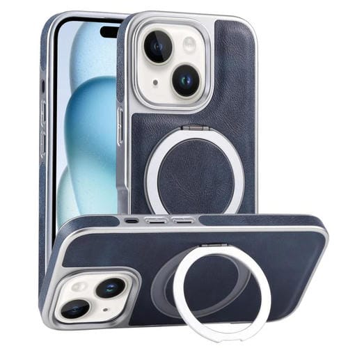 Funda para teléfono con soporte Magsafe giratorio de piel granulada chapada para iPhone 15 (Azul)