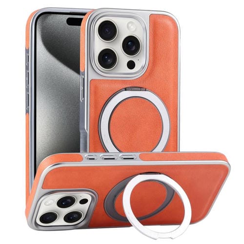 Funda para Teléfono con Soporte Magsafe Giratorio de Cuero Granulado para iPhone 15 Pro Max (Naranja)