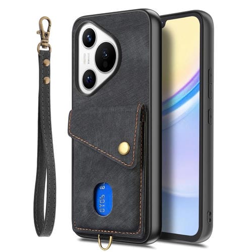 Funda plegable de cuero con correa para Huawei Pura 70, estilo retro, con tarjetero (negra)