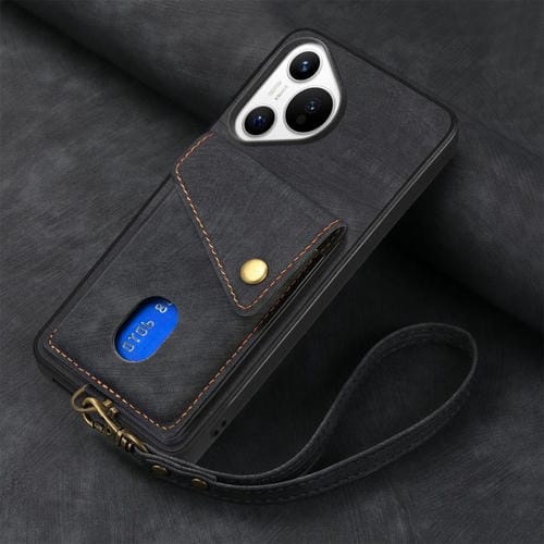 Funda plegable de cuero con correa para Huawei Pura 70, estilo retro, con tarjetero (negra)