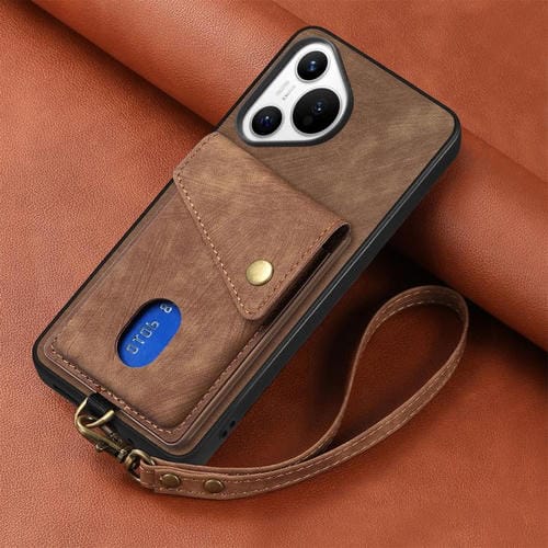 Funda plegable de cuero con correa para Huawei Pura 70, estilo retro, con tarjetero (marrón)