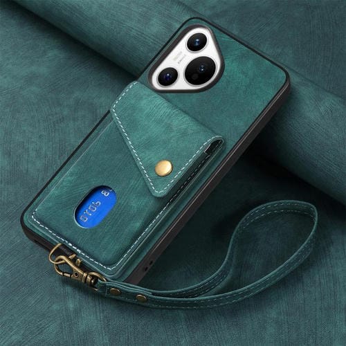Funda de cuero plegable con correa para Huawei Pura 70 Pro / 70 Pro+, estilo retro, tipo billetera (verde)