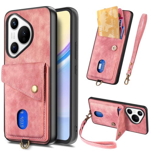 Funda de cuero plegable con correa para Huawei Pura 70 Pro / 70 Pro+, estilo retro, con tarjetero (rosa)