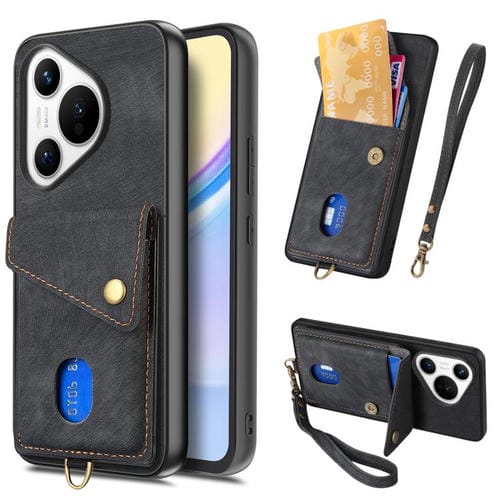 Funda plegable de cuero con correa para Huawei Pura 70 Ultra, estilo retro, con tarjetero (negro)