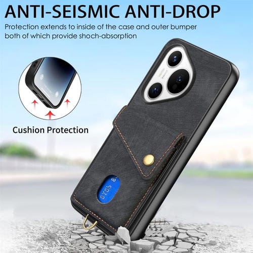 Funda plegable de cuero con correa para Huawei Pura 70 Ultra, estilo retro, con tarjetero (negro)