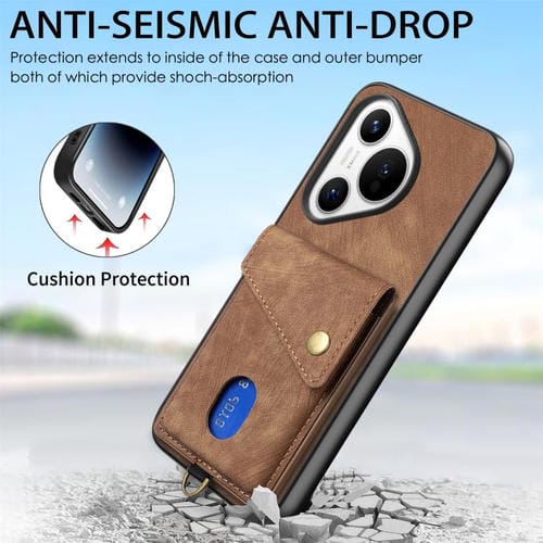 Funda plegable de cuero con correa para Huawei Pura 70 Ultra, estilo retro, con tarjetero (marrón)