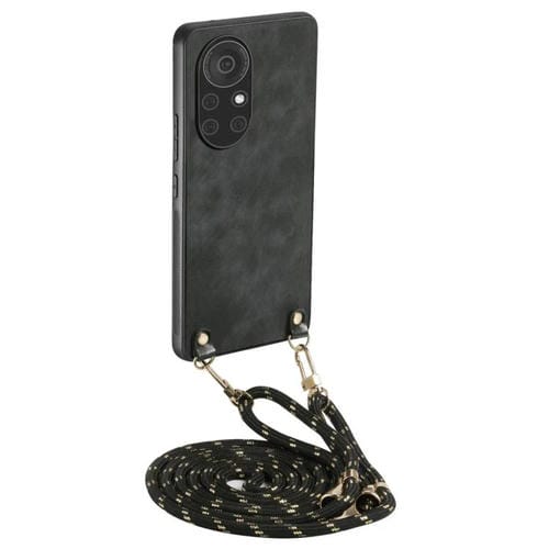 Funda de Cuero Vintage para Huawei Nova 8 con Parte Trasera de Policarbonato y Correa Cruzada (Negra)