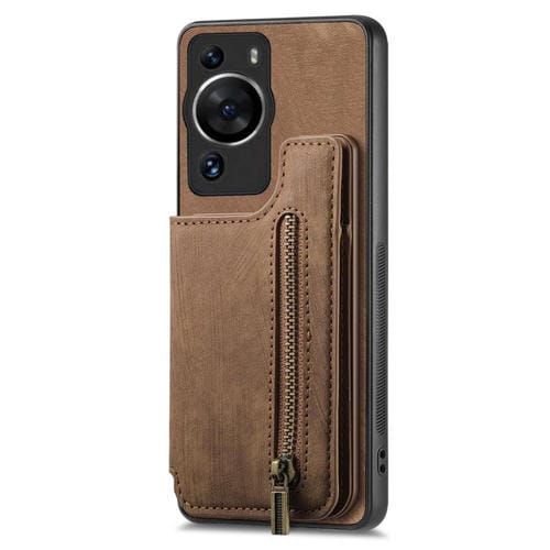 Funda de Cuero Estilo Retro con Cremallera para Huawei P60 (Marrón)