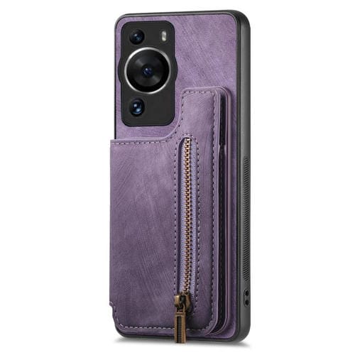 Funda de Cuero Estilo Retro con Cremallera para Huawei P60 Pro (Morado)