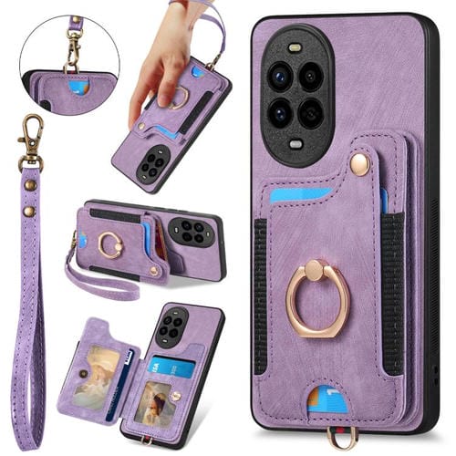 Funda para Teléfono Huawei Nova 13 Pro con Billetera MultiTarjeta Piel Sintética y Anillo (Morado)
