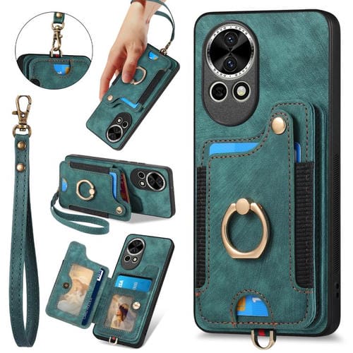 Funda para Teléfono Huawei Nova 12 Pro con Billetera MultiTarjeta y Anillo (Verde)