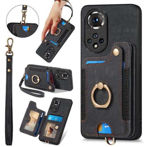 Funda para Huawei Nova 9 con Billetera MultiTarjeta, Diseño Retro, Sensación de Piel y Anillo (Negra)
