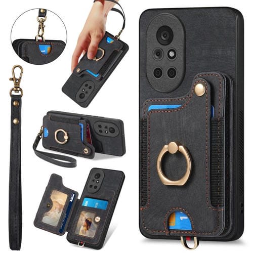 Funda para Teléfono Huawei Nova 8 con Billetera MultiTarjeta, Diseño Retro, Sensación de Piel y Anillo (Negra)