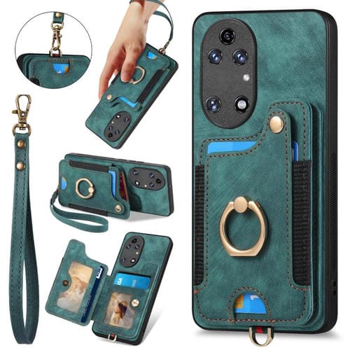 Funda para Teléfono Huawei P50 con Billetera MultiTarjeta, Diseño Retro y Anillo (Verde)