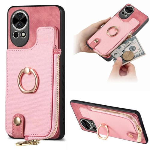 Funda para Teléfono Huawei Nova 12 Pro con Cremallera Vertical y Anillo de Cuero (Rosa)