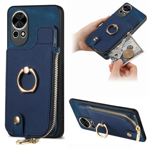 Funda para Teléfono Huawei Nova 12 Pro con Cremallera Vertical y Anillo de Cuero Cruzado (Azul)