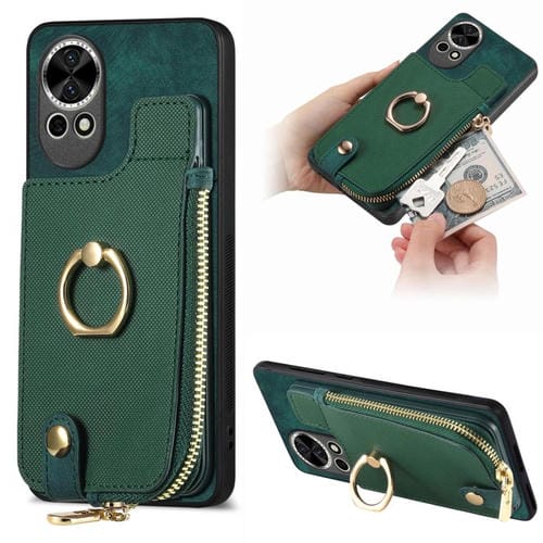 Funda para Teléfono Huawei Nova 12 con Cremallera Vertical y Anillo de Cuero Cruzado (Verde)