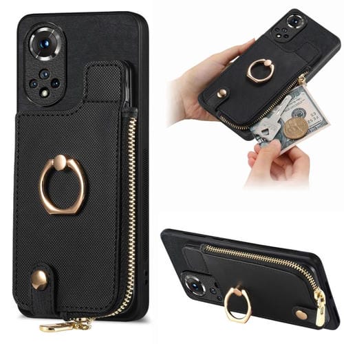 Funda para Teléfono Huawei Nova 9 con Cremallera Vertical y Anillo de Cuero Cruzado (Negro)