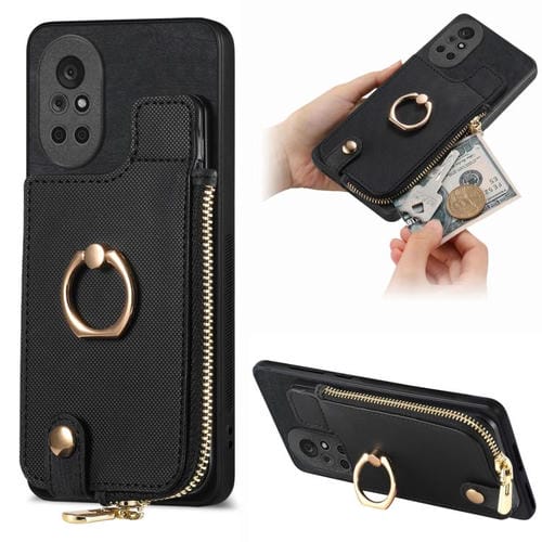 Funda para Teléfono Huawei Nova 8 con Cremallera Vertical y Anillo de Cuero Cruzado (Negro)