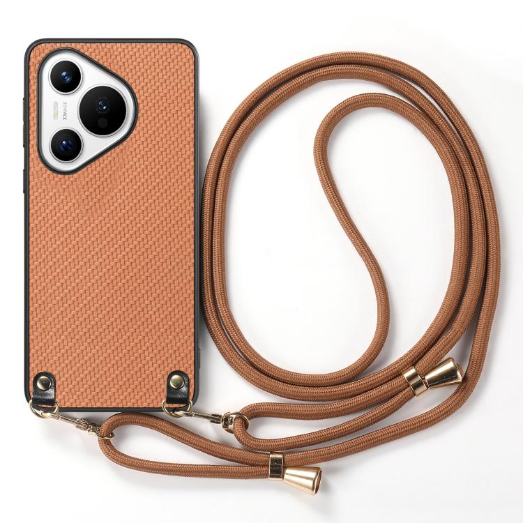 Funda de Cuero con Textura de Fibra de Carbono para Huawei Pura 70 con Correa Cruzada (Marrón)