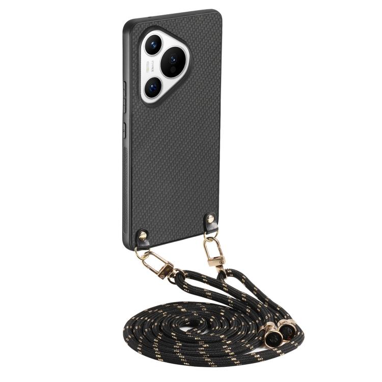 Funda de Cuero con Textura de Fibra de Carbono para Huawei Pura 70 Pro con Correa Cruzada (Negro)